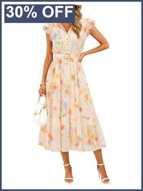 Womens Floral Midi A-Line Summer Dress Short Sleeve V-Neck Chiffon Bridal Shower